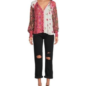Free People Gemini Floral Print V-Neck Long Raglan Sleeve Button Front